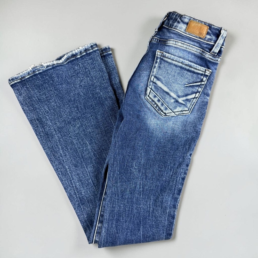 BKE Youth Girls Flare Jeans Size 14 Medium Wash Frayed Hem Stretch Denim